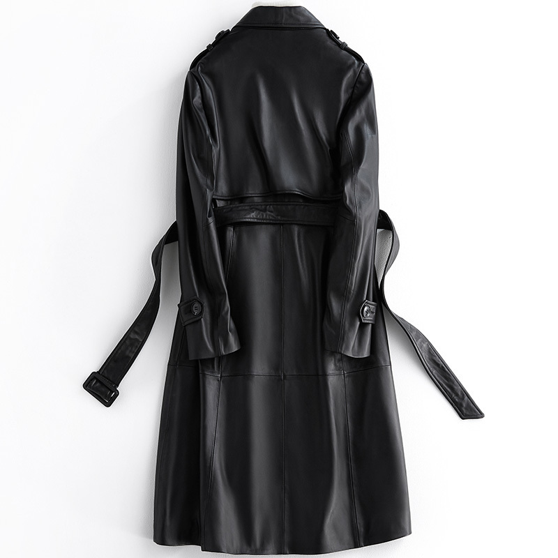 Lautaro Long black leather trench coat for women long sleeve belt epaulets 2020 women fashion Plus size leather overcoat 6xl 7xl T200805