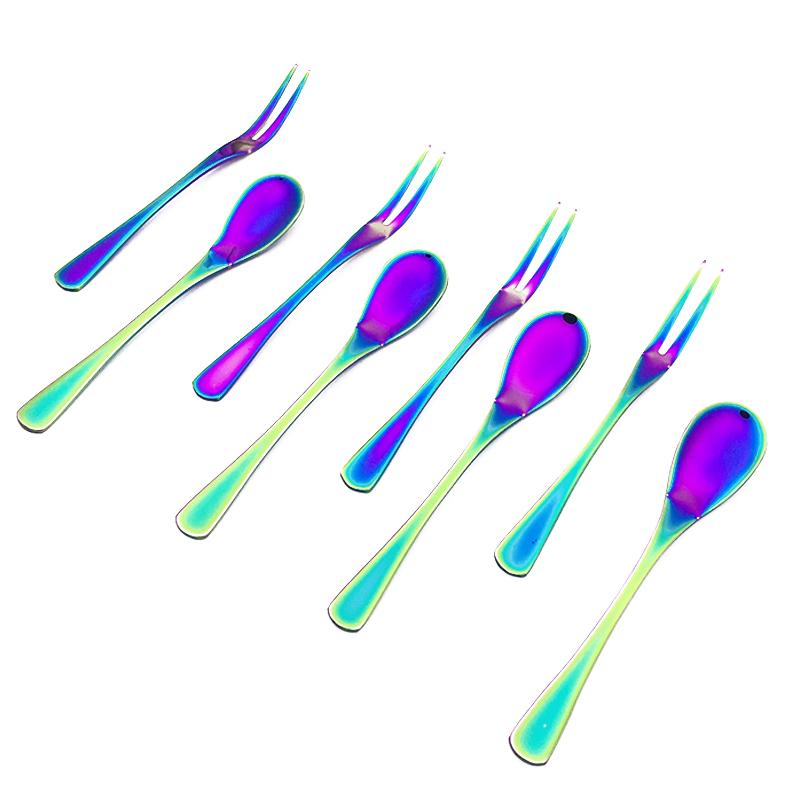 Stainless Steel Spoon Salad Fork Flatware Set Cake Fruit Cutlery Set Tableware Rainbow Color Dessert Spoon Dinnerware 8pcs
Stainless Steel Spoon Salad Fork Flatware Set Cake Fruit Cutlery Set Tableware Rainbow Color Dessert Spoon Dinnerware 8pcs