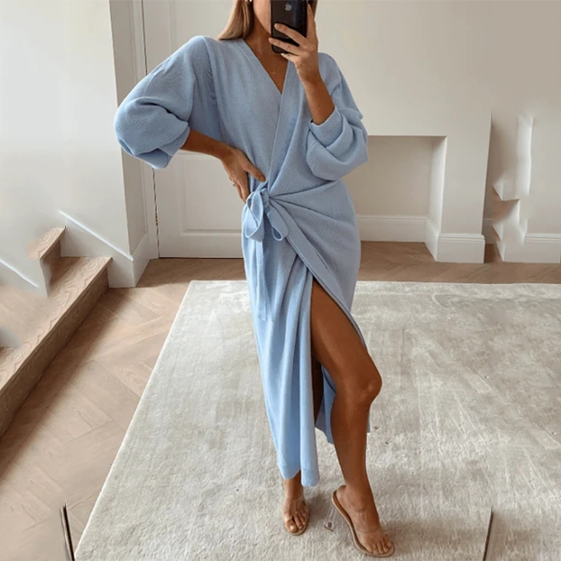 Autumn Winter Women Knitted Dress Elegant Casual V-neck Long Sleeve Midi Cardigan Solid Loose Split Side Sweaters Dresses 201110