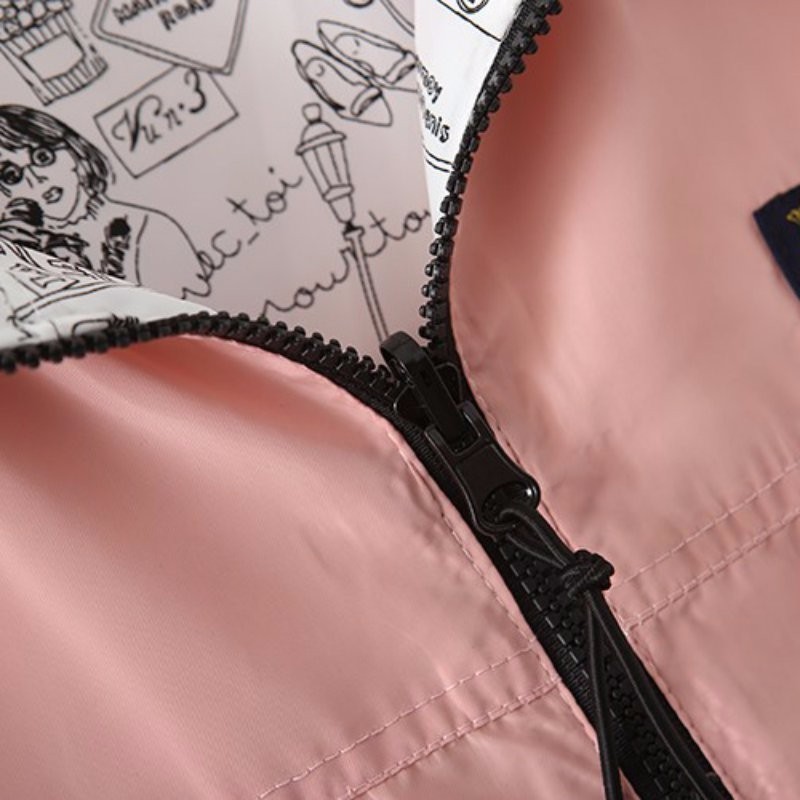 Spring Autumn Women Basic Jacket Coat Two Side Wear Cartoon Print Pocket Zipper Hooded Jackert Windbreaker Outwear Female 201017