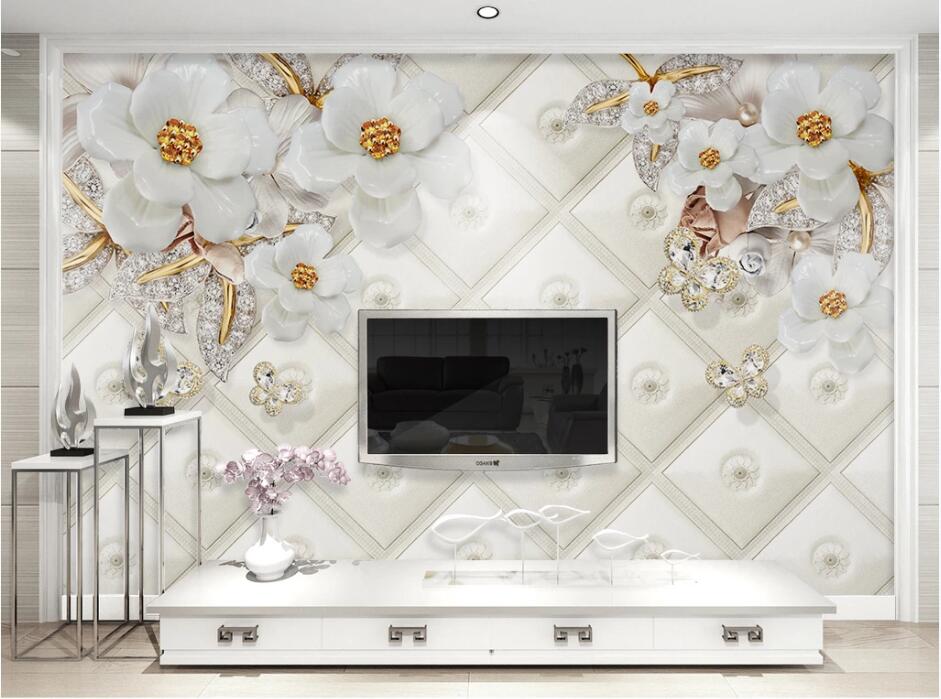 Custom wallpaper 3d mural papel de parede embossed white jewels floral diamonds leaves 3d mural background wall paper