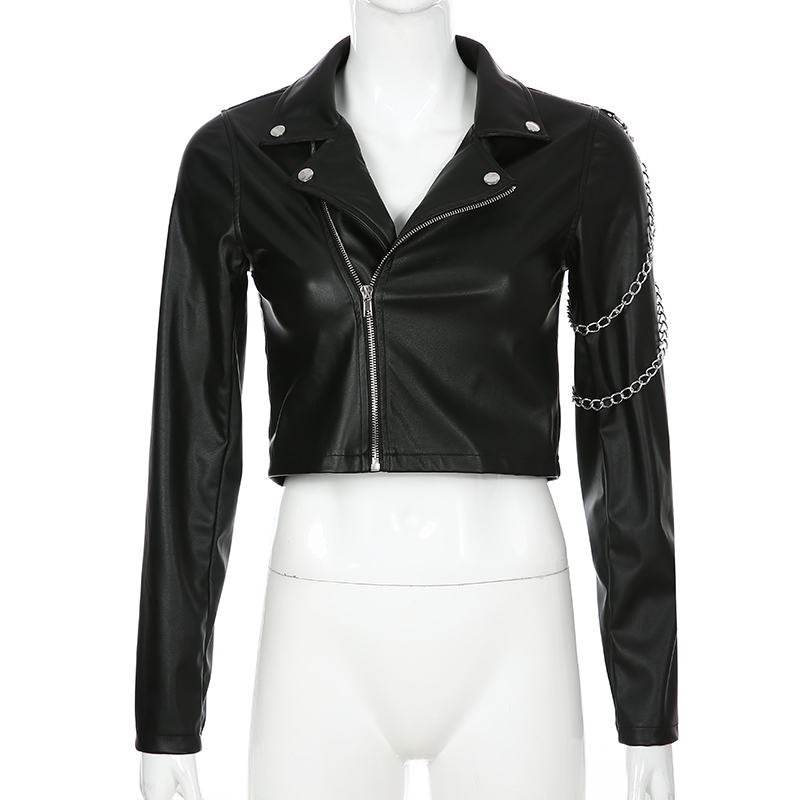 Vangull Faux Leather Jacket Cropped Women Jacket Punk Harajuku Black short Coat Woman Gothic Long Sleeve Overcoat With Chains 201226