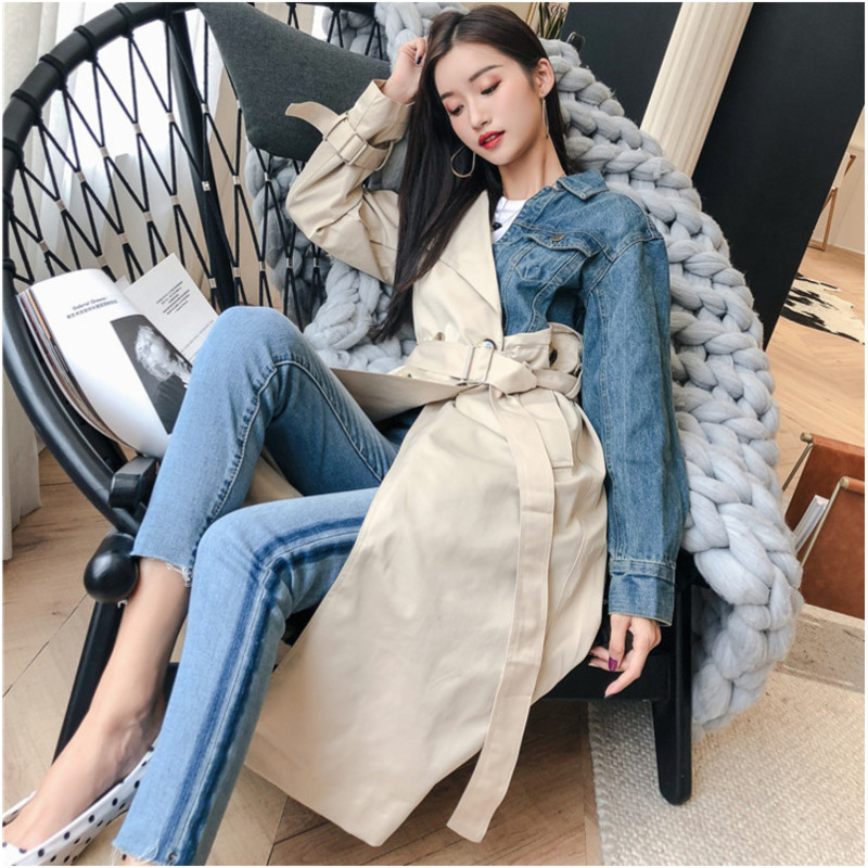 LANMREM Fashion autumn Double Breasted Patchwork Denim Turndown Collar Full Sleeve Casual Women Windbreaker YE53712 201030