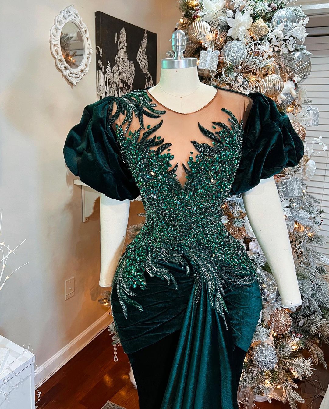 2022 Plus Size Arabic Aso Ebi Dark Green Mermaid Prom Dresses Beaded Crystals Velvet Evening Formal Party Second Reception Birthday Engagement Gowns D