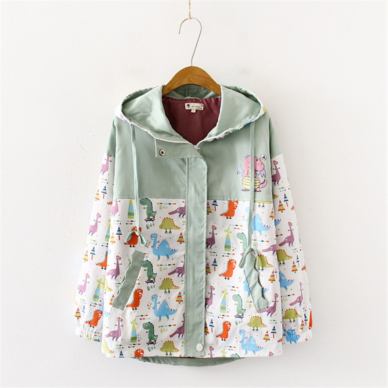 Merry Pretty Women Cartoon Dinosaur Funny Jackets Winter Long Sleeve Hooded Patchwork Pockets Basic Jackets Outerwear Coats 201030