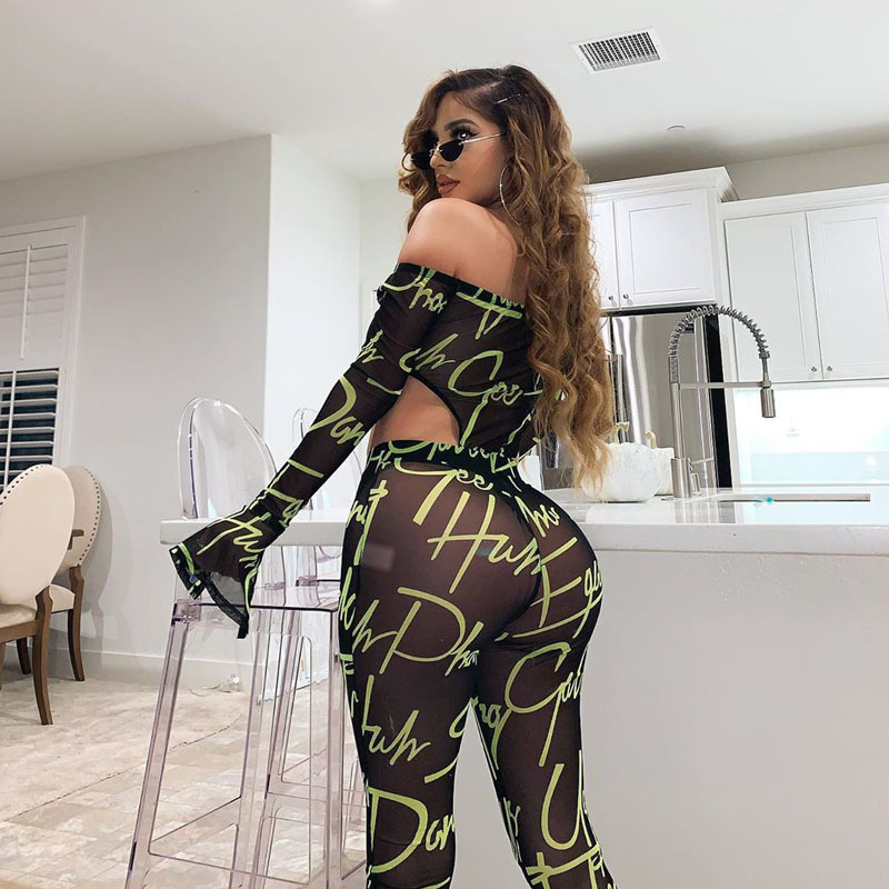 Sexy Mesh Transparent Women's 2-Piece Black Outfit Off Shoulder Bodysuit & Pants Tracksuit | T200630 B3