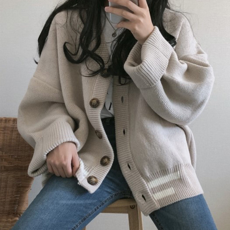 Autumn Korean V-neck Sweater Knitted Cardigan Women Harajuku Loose Long Sleeve Coat Femme Oversize Knitting Sweaters Female 201030