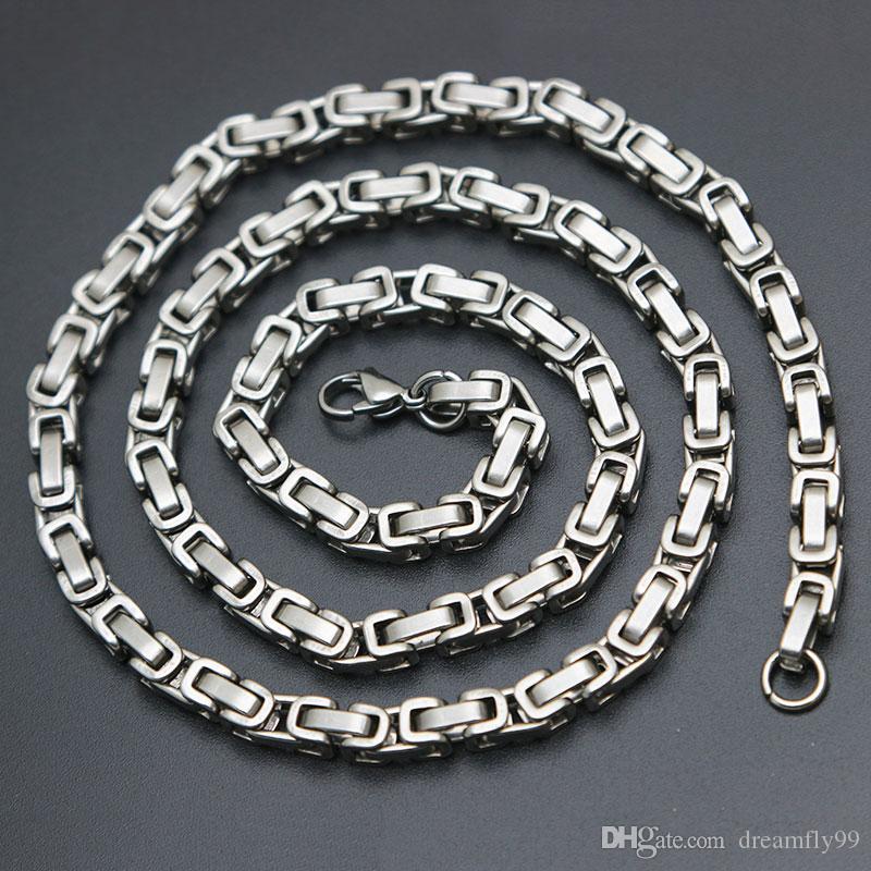 Mens 4mm 5mm Sier Tone 316 Stainless Steel Byzantine Box Link Necklace Chain Free shipping Free shipping