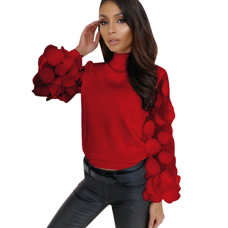 Women's Sheer Mesh See-through Blouse New Fashion Elegant Slim Polka Dot Puff Long Sleeve Tops Shirt Turtleneck Fall Blouse 201201