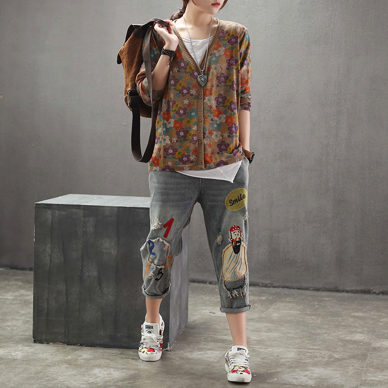 new spring sweater women's shirt long-sleeved cardigan single-breasted printed sweater retro art 201202