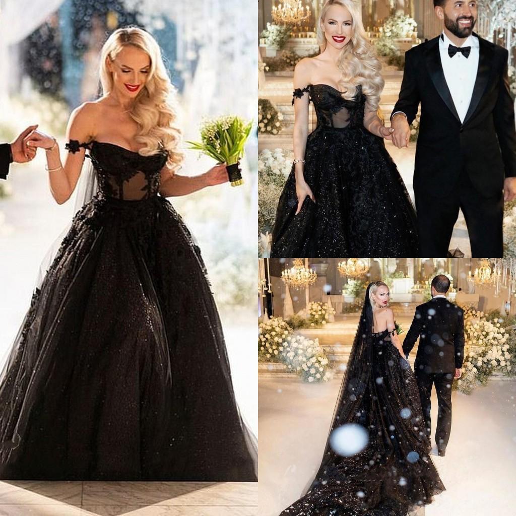 Gothic Black Dresses Illusion Bodice Off The Shoulder Lace Applique Sparkly Sequins A E Wedding Gown Vestido De Novia 6660306