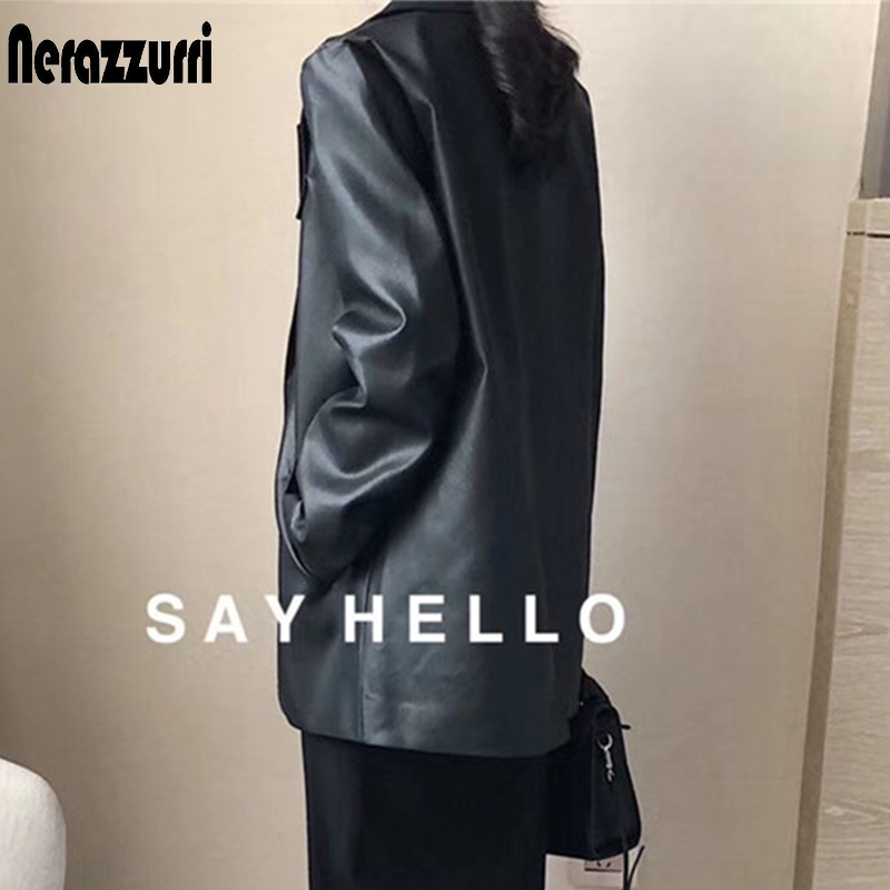 Nerazzurri Loose pu faux leather blazer women fall with belt long sleeve Black oversized leather jacket women 5xl 6xl 7xl 201020