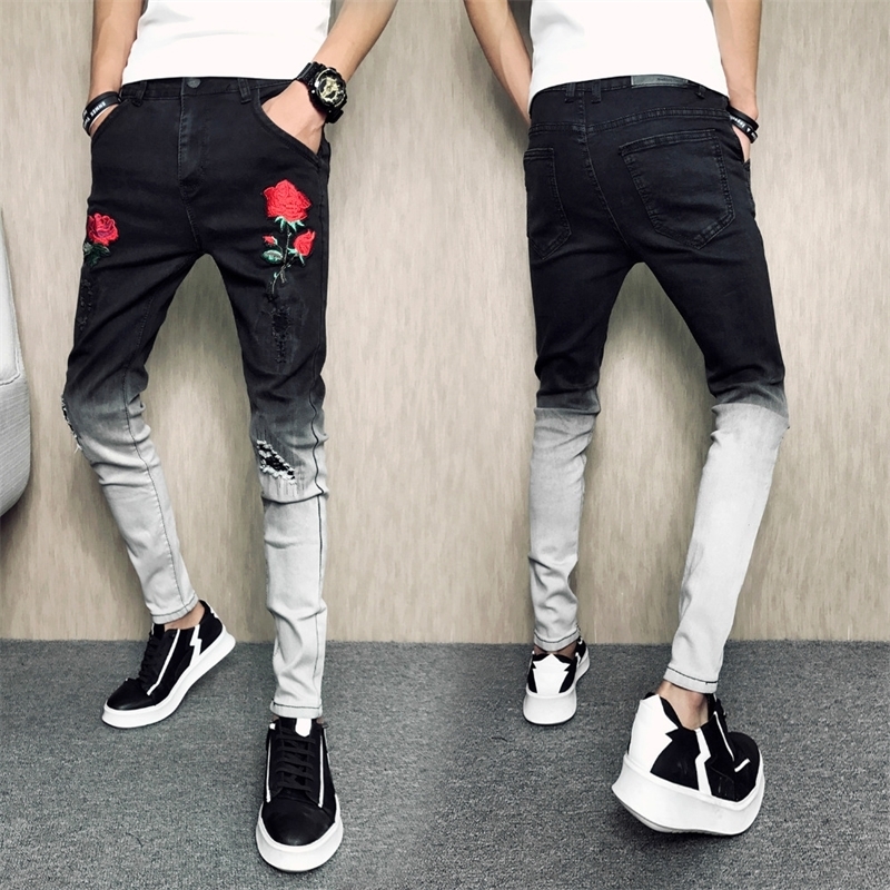 Summer New Skinny Jeans Men Fashion Flower Embroidery Men Jeans Casual Slim Fit Black Hip Hop Denim Pants Men Trousers 34 201111