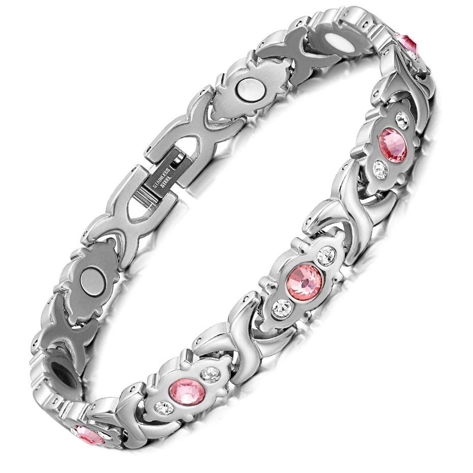 Female Charm Chain & Link Bracelet Shiny Crystal Stainless Steel Fashion Health Jewelry Magnetic Bracelets for Women Girl