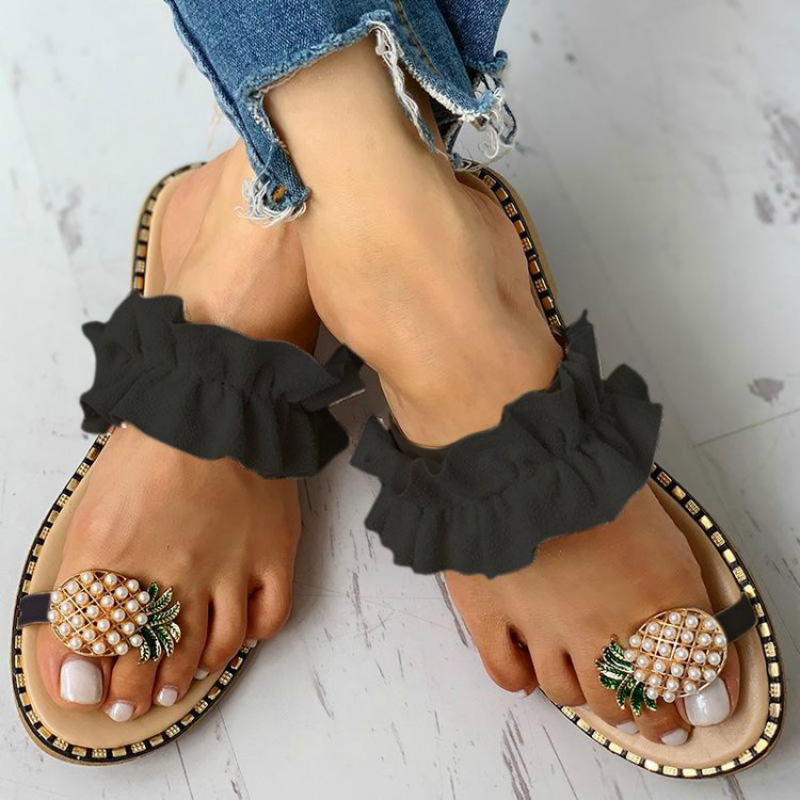 Women Slipper Pine Pearl Flat Toe Bohemian Casual Beach Sandals Ladies Shoes Platform Black Slides Wholesale LJ200828