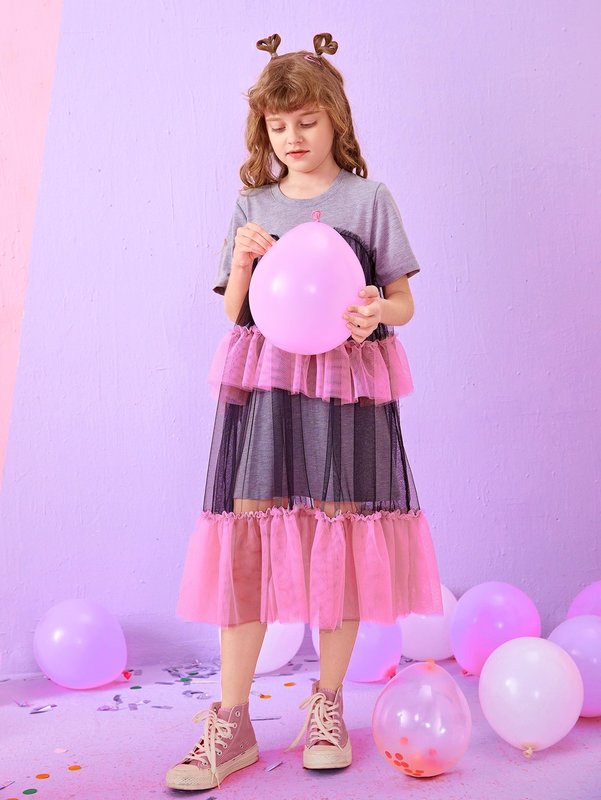 Girls Color Block Layered Hem 2 In 1 Dress SHE