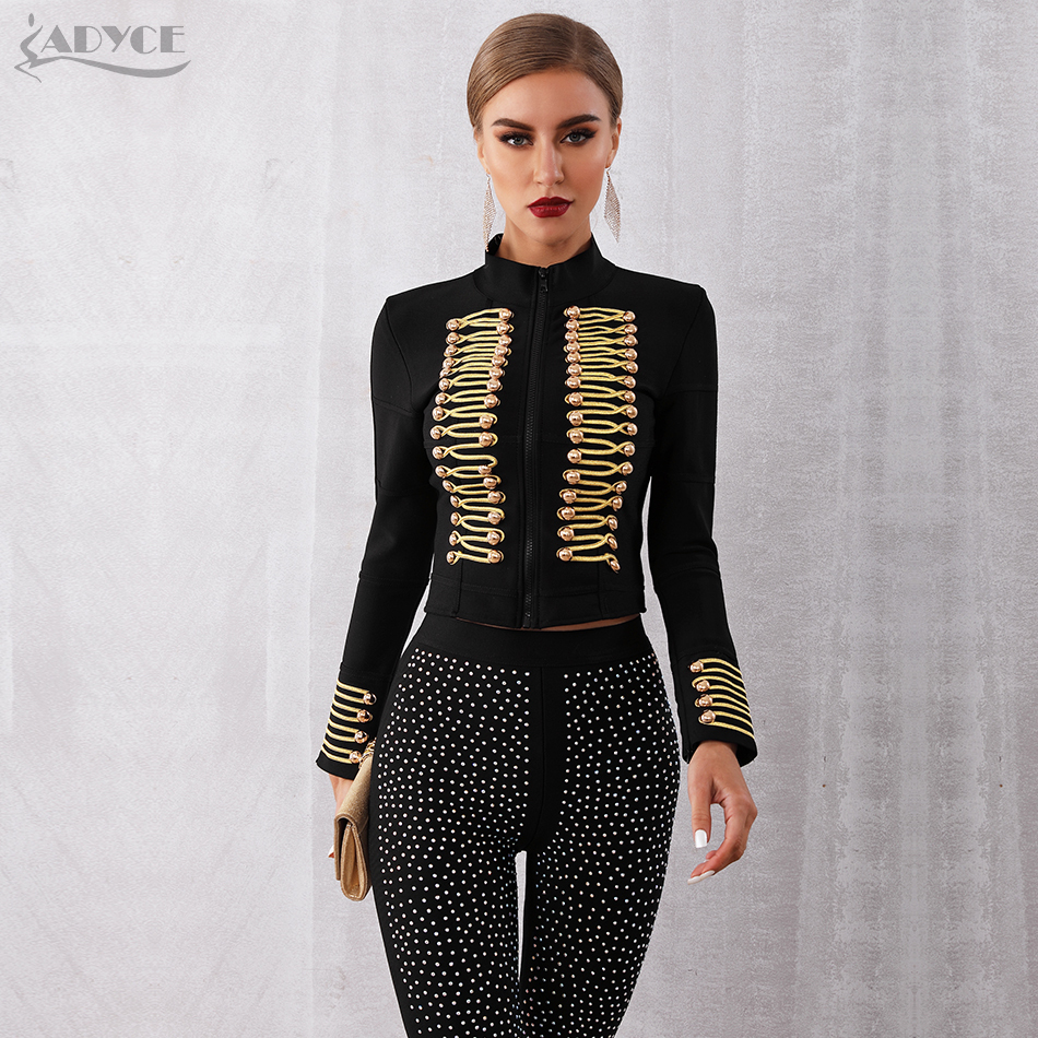 Adyce New Women Bandage Runway Jackets And Coats Elegant Button Black Long Sleeve Zipper Jacket Celebrity Lady Outwear Coat 201126