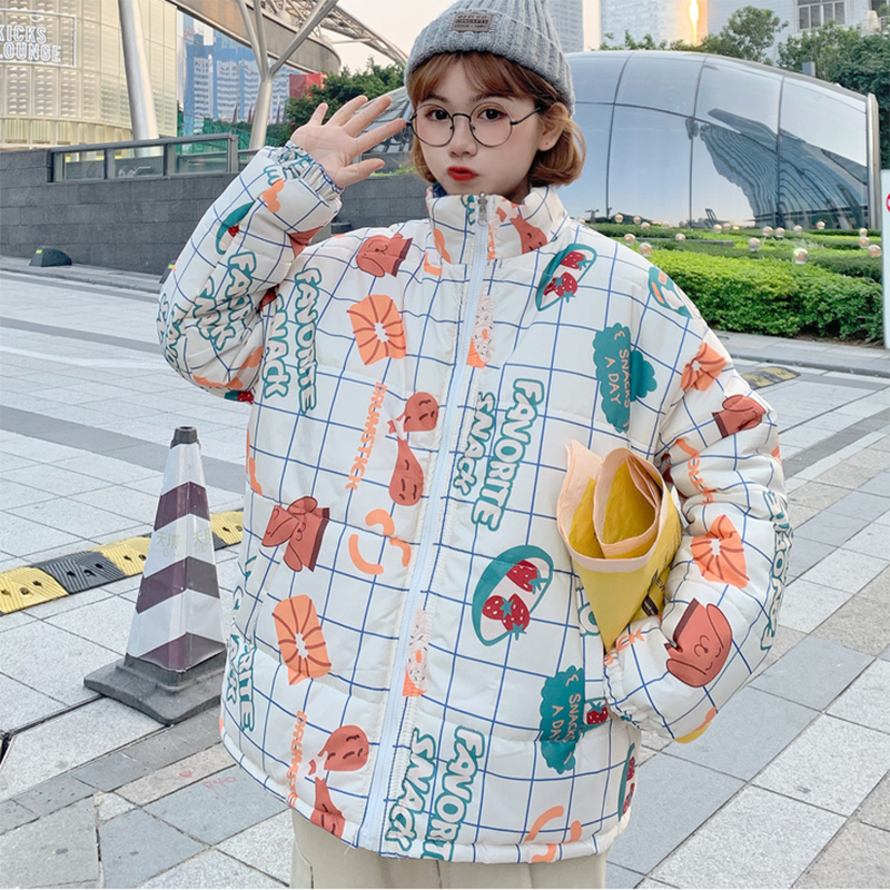 HWLZLTZHT Double-sided Woman Coat Winter Plus Sizes Down Jacket Cartoon Print Winter Jacket Kawaii Harajuku Women's Parka 201217