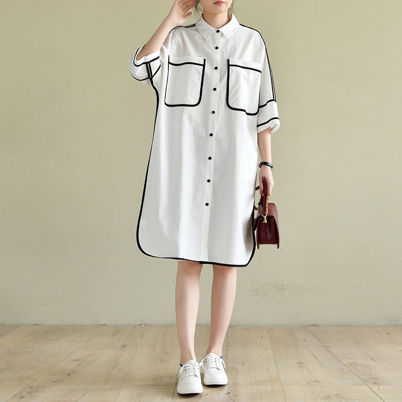 

2021 New Natural Cotton Women Summer Fashion Clashing Colors Simple Design Streewear Plus Size White Shirt 19wu