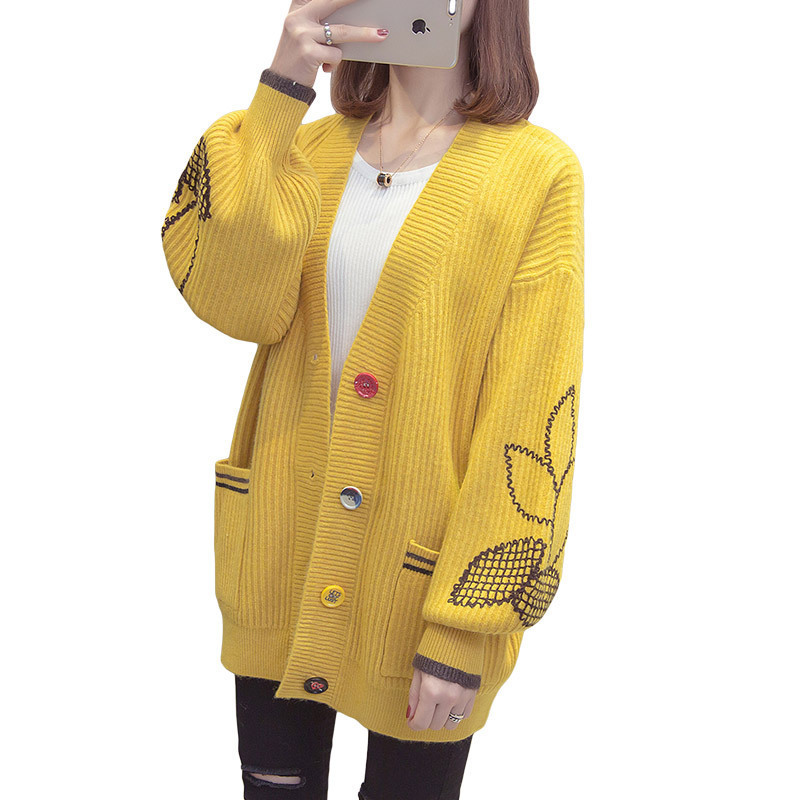 Autumn New Korean Fashion Embroidered Knitted Cardigan Women's Sweater Korean Loose Autumn and Winter Middle Long Coat 201031