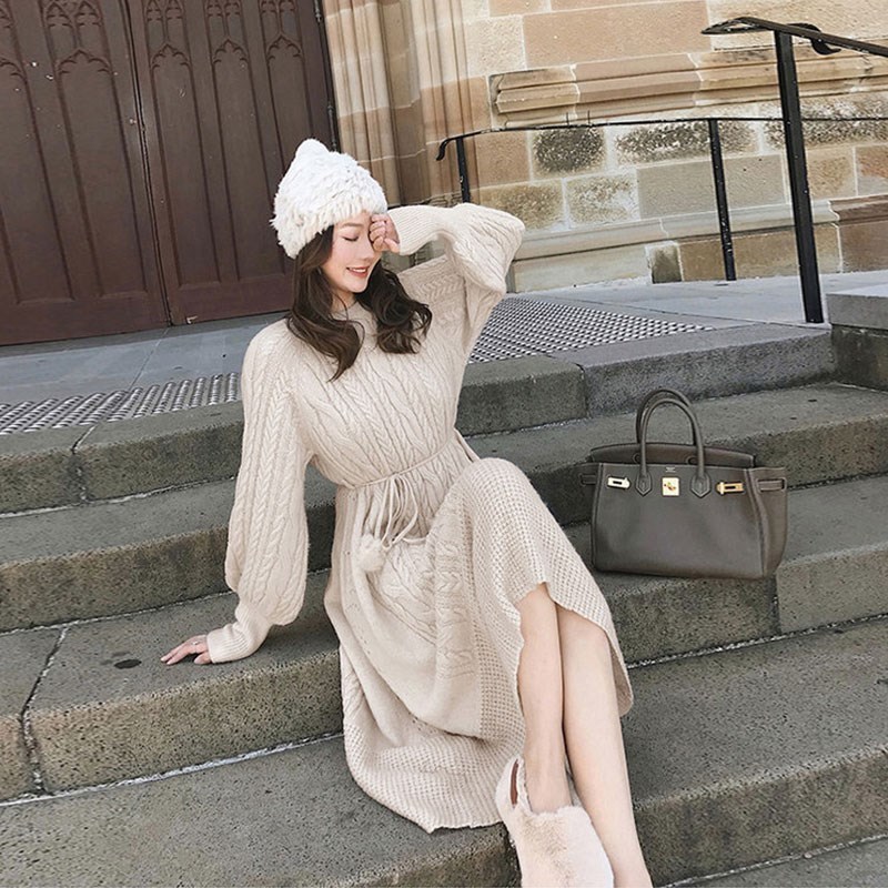 Slim Twist Autumn Winter Sweater Dress Knitted Women Sweaters Pullover Long Sleeve Round Neck Pullovers Knit Sweater Dress Warm 201125