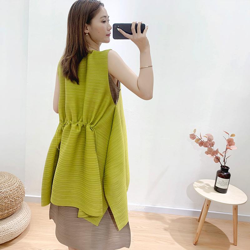 Pleated Two Pieces Dress 2020 Summer Loose Large Drawstring Dress Women, Green 
Pleated Two Pieces Dress 2020 Summer Loose Large Drawstring Dress Women, Green