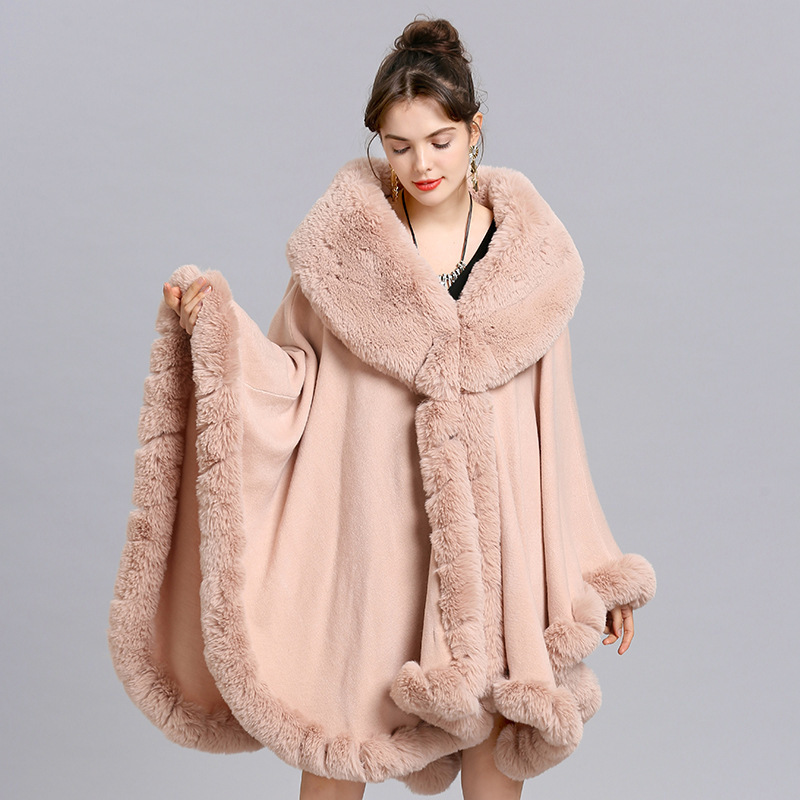 Elegant V Lapel Rex Rabbit Fur Coat Cape Winter Women Big Long Shawl Full Trim Faux Fur Cashmere Cloak Overcoat Parka New 201209