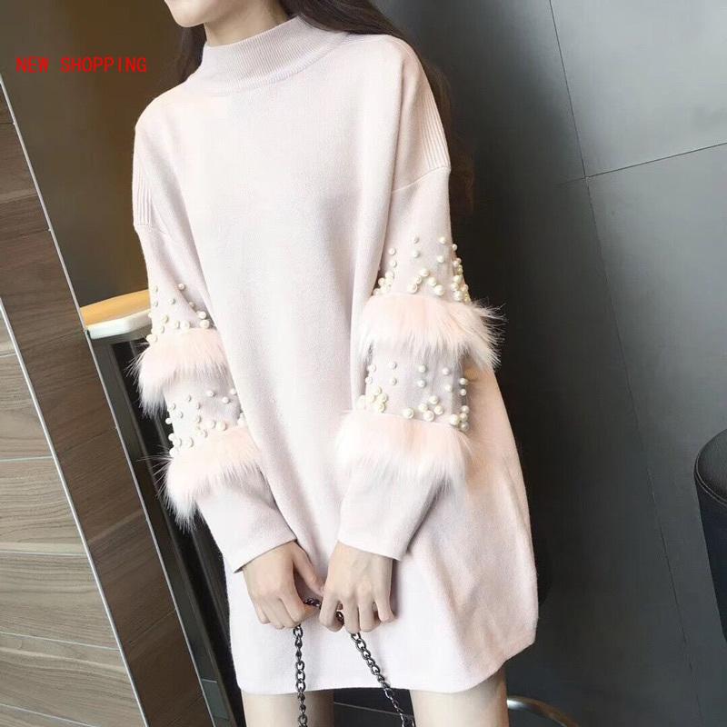 Spring Autumn Winter Women Knitted Pullovers Sweater Female Long Sleeve Wool Stitching Faux Rabbits Fur Beaded Sweater Dress, White
Spring Autumn Winter Women Knitted Pullovers Sweater Female Long Sleeve Wool Stitching Faux Rabbits Fur Beaded Sweater Dress, White
