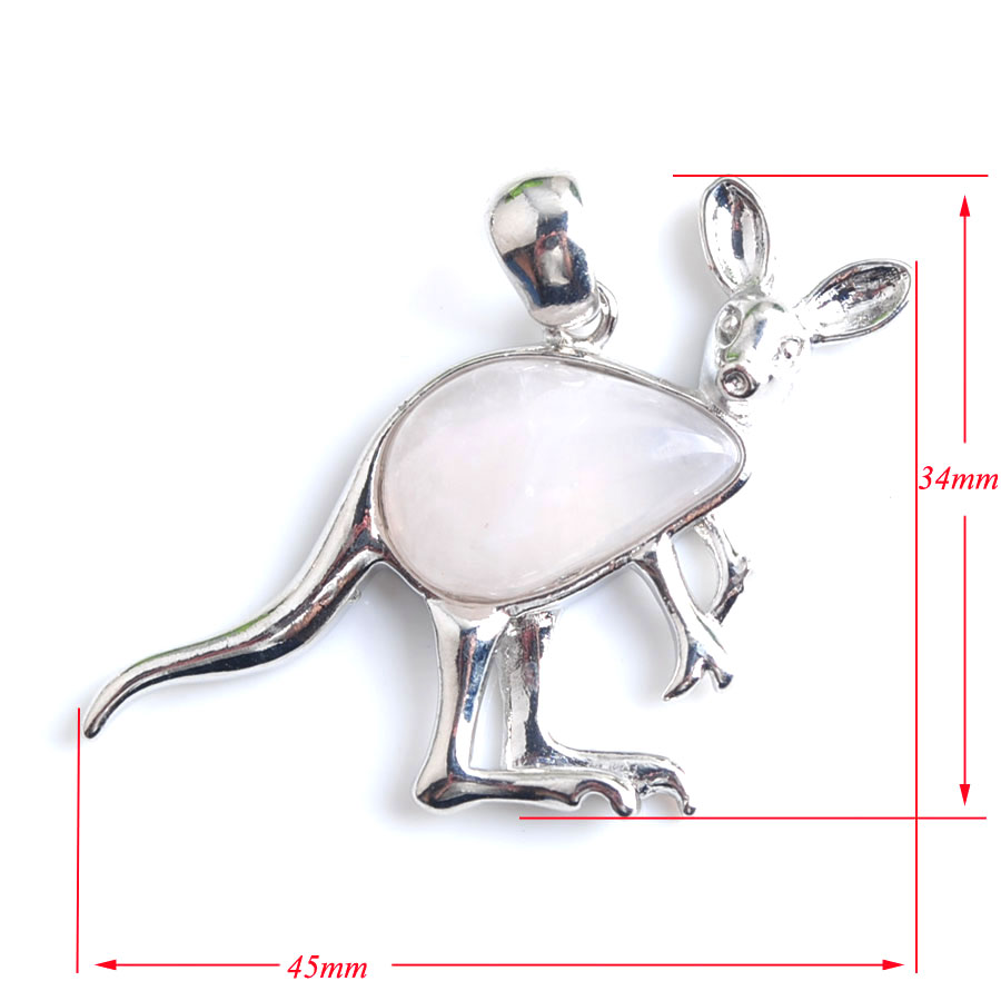 WOJIAER New Cute Animal Kangaroo Pendant Necklaces Water Drop Natural Stone Pink Quartz Crystal Fashion Jewelry for Women Girls BE907