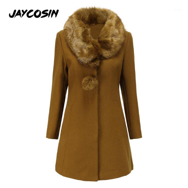 JAYCOSIN 2020 Women Coat Outerwear Lapel Fur Winter Clothing Fashion Warm Woolen Blends Female Elegant Breasted Woolen Coat1, Bk