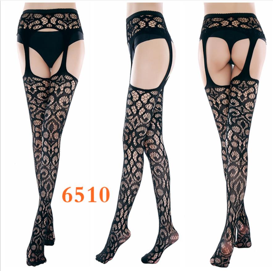 High Waist Tights Fishnet Stockings Mesh Sheer Lace Top Garter Belt Thigh High Stockings Sexy Suspender Pantyhose black