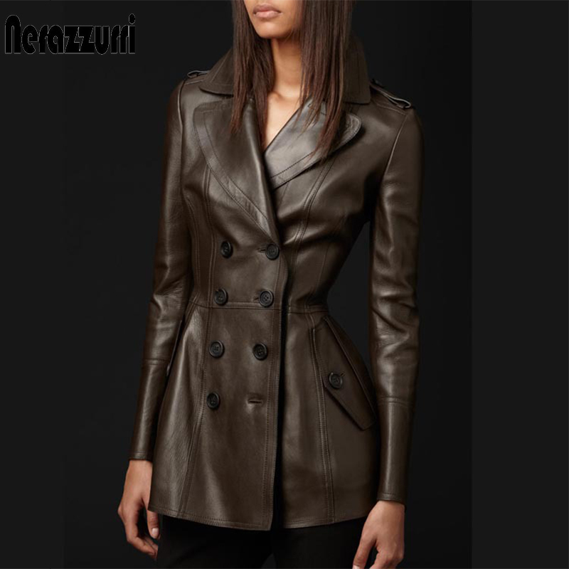 Nerazzurri British style leather trench coat for women long sleeve lapel Womens fashion Slim fit soft faux leather blazer 201020