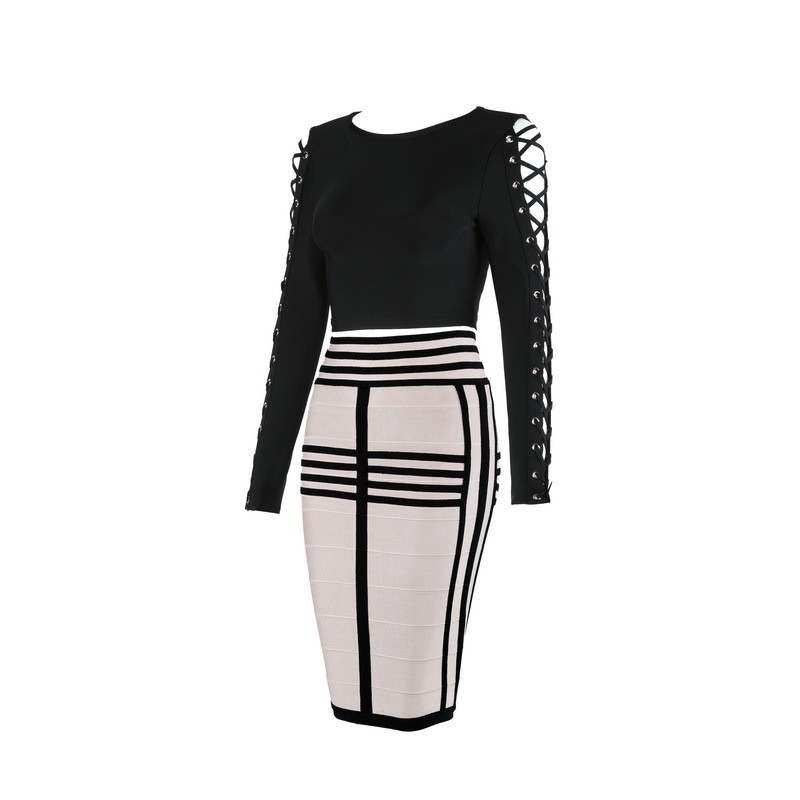 Top Quality HL Celebrity 2 Pieces Set Black Long Sleeve Knee Length Rayon Bandage Dress Cocktail Party Dress 201127