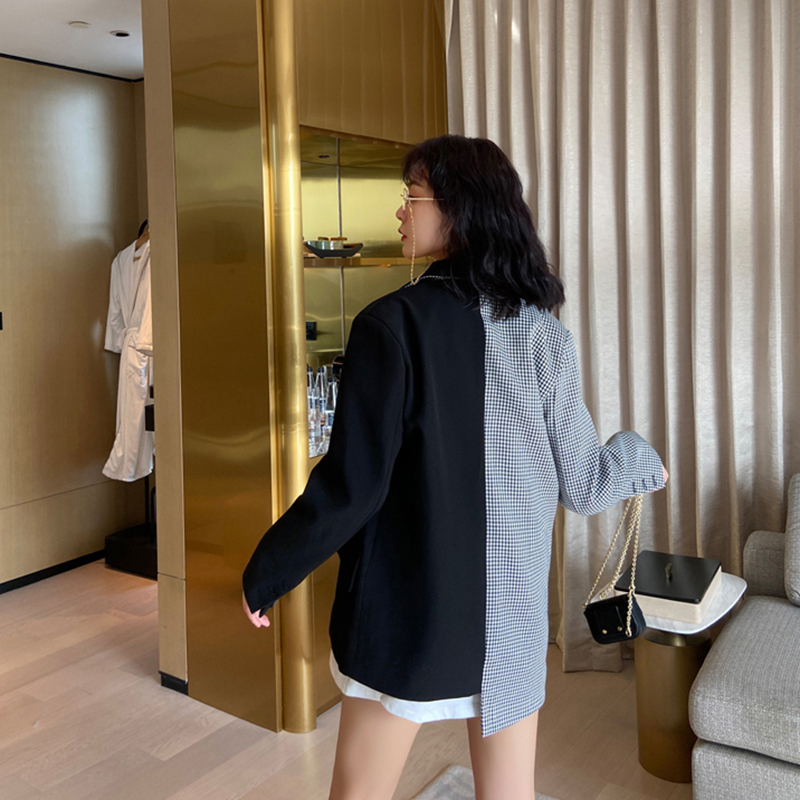 LANMREM 2020 autumn single-breasted suit coat New Korean style asymmetrical stitching fashionable plaid suit for women 2A424 T200828