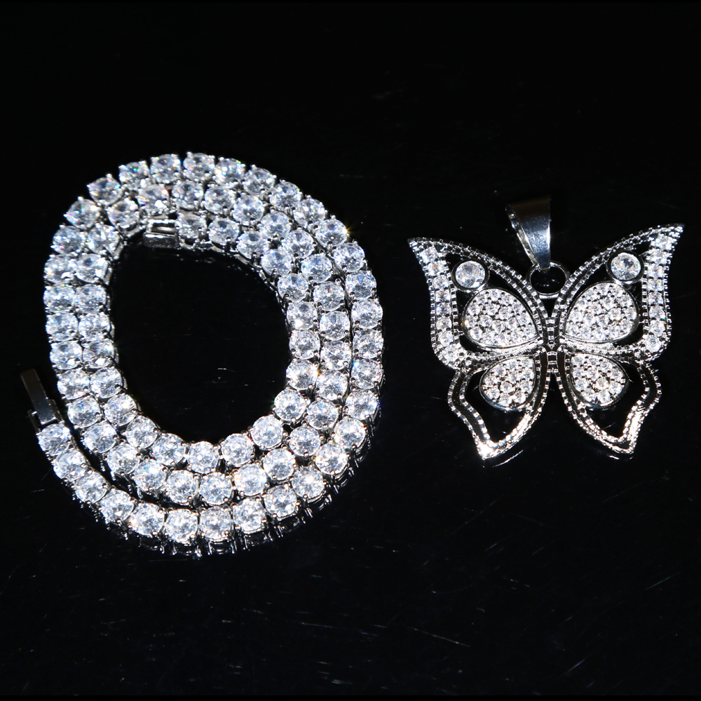 Large big Butterfly pendant with 5mm cz tennis chain necklace for women hip hop Jewelry with silver plated wholesale