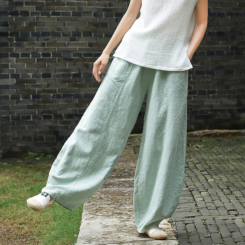 Johnature Autumn Solid Color Pockets Loose Pants 2019 New Women Vintage Elastic Waist Cotton Linen Wide Leg Full Length Pants T200319