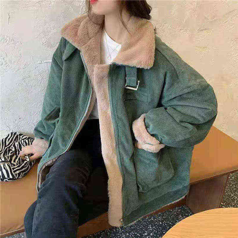 Lucyever Thicken Women's Winter Jacket Korean Loose All-match Corduroy Coat for Women Oversize Casual Zipper Warm Plush Overcoat 211221wtt