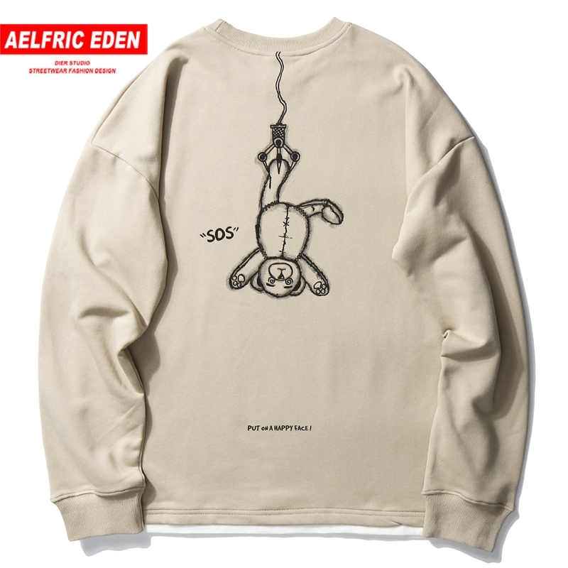 Aelfric Eden SOS Bear Print Sweatshirts Harajuku Streetwear Cotton Sweatshirt Hoodie Hip Hop Autumn Fashion Casual Pullover 201113