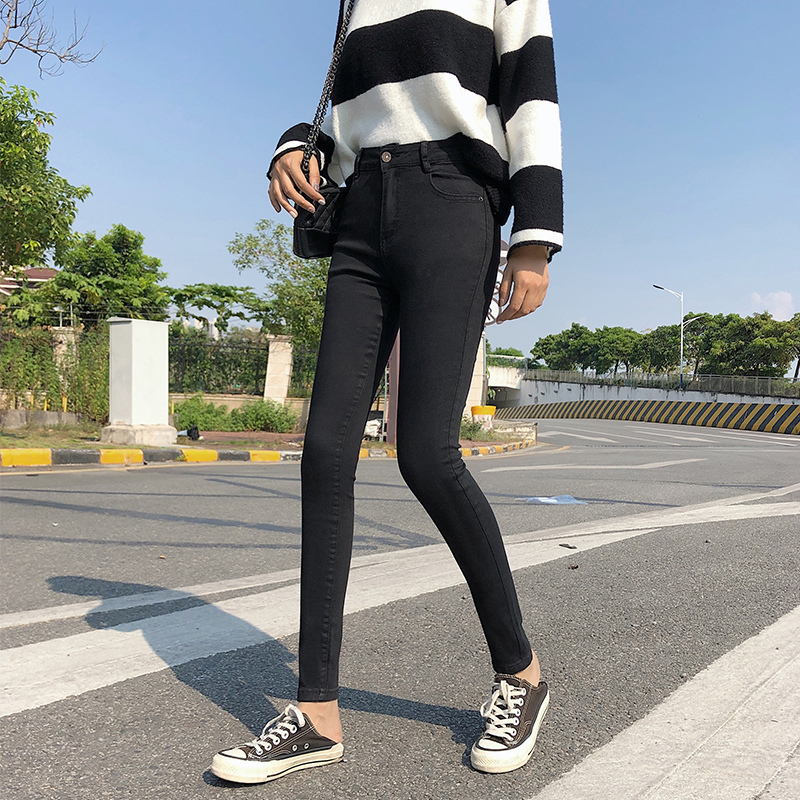 Women Stretch High Waist Oversized Skinny Jeans Lady Students Plus Size Streetwear Black Pants Tight Autumn Slim Trousers 201029