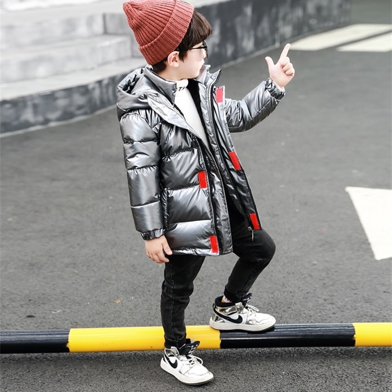 OLEKID Winter Jacket For Boys Hooded Plus Velvet Warm Shiny Cotton Boys Outerwear Coat 3-14 Years Kids Teenage Boys Parka 201126