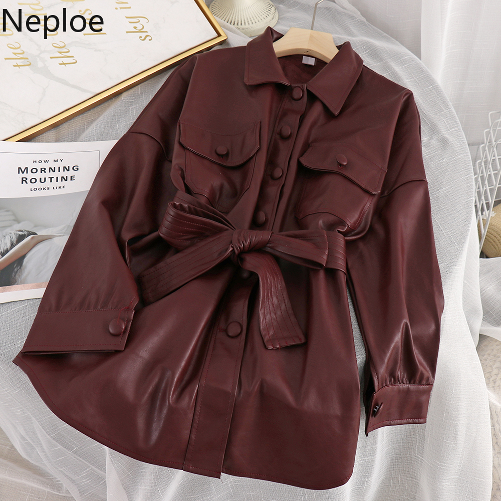 Neploe Autumn Women Long Leather Jacket Slim Bow Belt Motorcycle PU Leather Long Jacket Coat Leather Trench Coat 4e508 201029