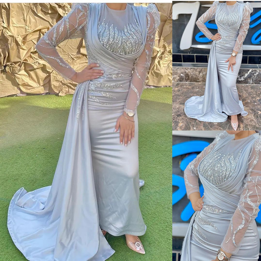 Sexy African Lace Mermaid Prom Dresses For Black Women Jewel Neck Long Sleeve Illusion Sequins Evening Party Gown Robe De Soiree