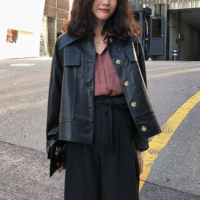 PERHAPS U Women PU Faux Leather White Black Jacket Pocket Turn Down Collar Outwear Button High Street C0194 201017