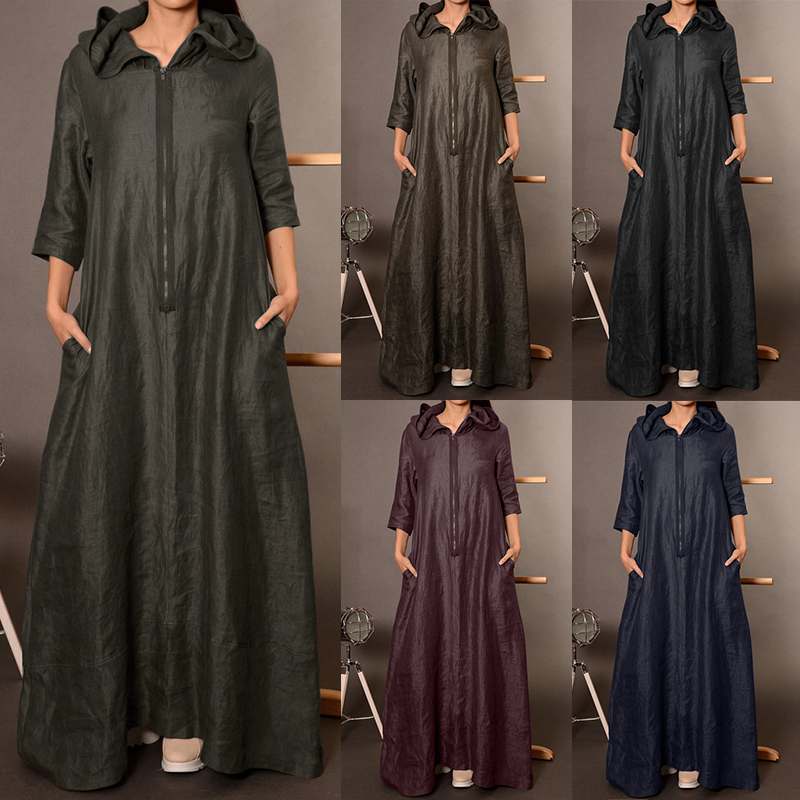 ZANZEA Autumn Hooded Dress Women's Sundress Plus Size Punk Casual Zipper Long Vestidos Female Long Sleeve Tunic Robe Femme T200521