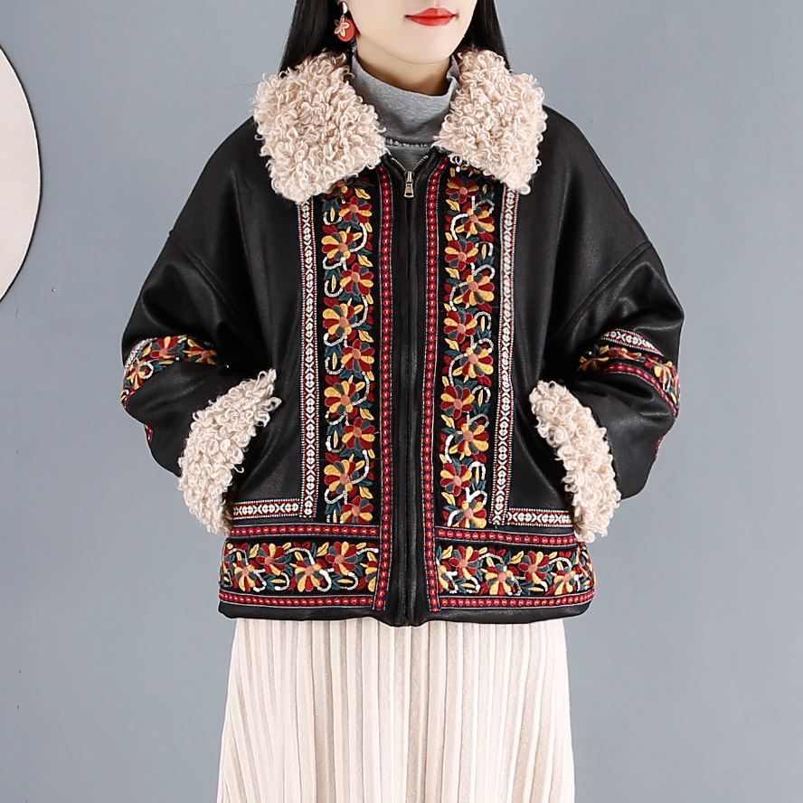 ZURICHOUSE Retro Winter Faux Leather Jacket Women Lambswool Embroidery Outwear Exotic PU Leather Plush Locomotive Jackets 201020