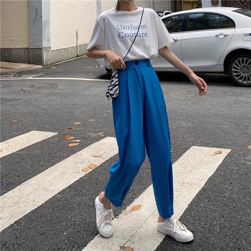 JuneLove spring Brief Slender Hot Casual High Waist Summer Women Loose Simple Solid Ankle Length Wide Leg Pants 3 Colors Bottoms 201109
