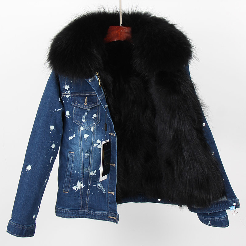new denim parker raccoon fur, real fur 100% fur short jacket with detachable liner 201217