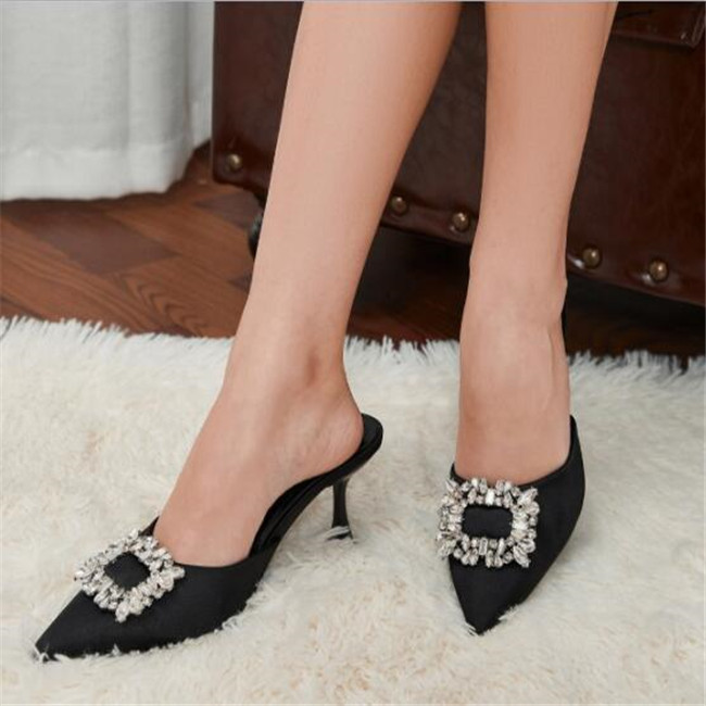 2022 New Arrival Square Buckle Crystal Silk Women Sandals Slipper Spring Summer Pointed High Heels Party Prom Lady Shoes