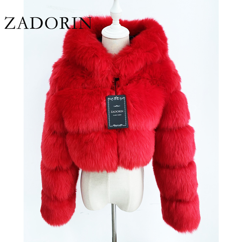 ZADORIN High Quality Furry Cropped Faux Fur Coats and Jackets Women Fluffy Top Coat with Hooded Winter Fur Jacket manteau femme 201214