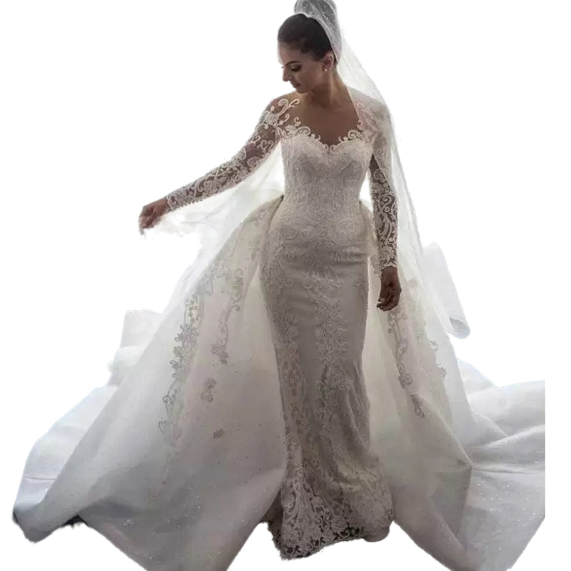 Steven Khalil Long Sleeve Mermaid Wedding Dresses With Detachable Bow Train 2022 Lace Appliqued Garden Chapel Wedding Gowns Crew Neck Vestidos De Novi